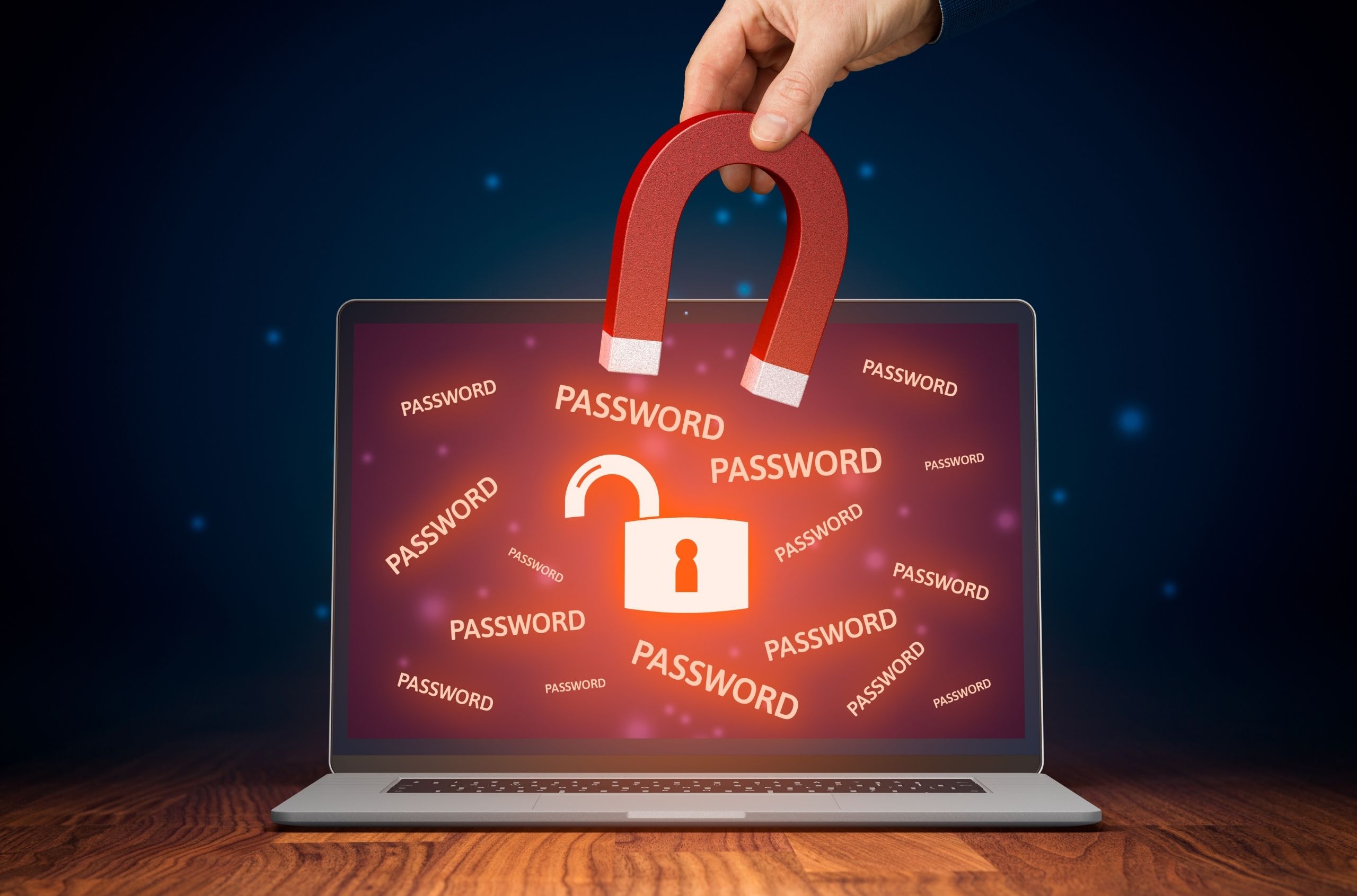Laptop with the word password written in many places| Featured image for Password Management Software Blog