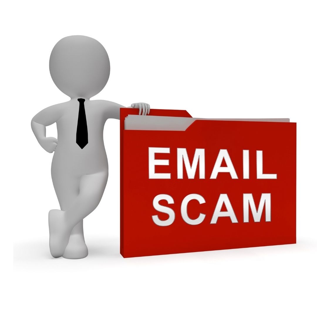 Cartoon with a sign that says "Email Scam" | Featured image for Current E-Mail Scams blog.