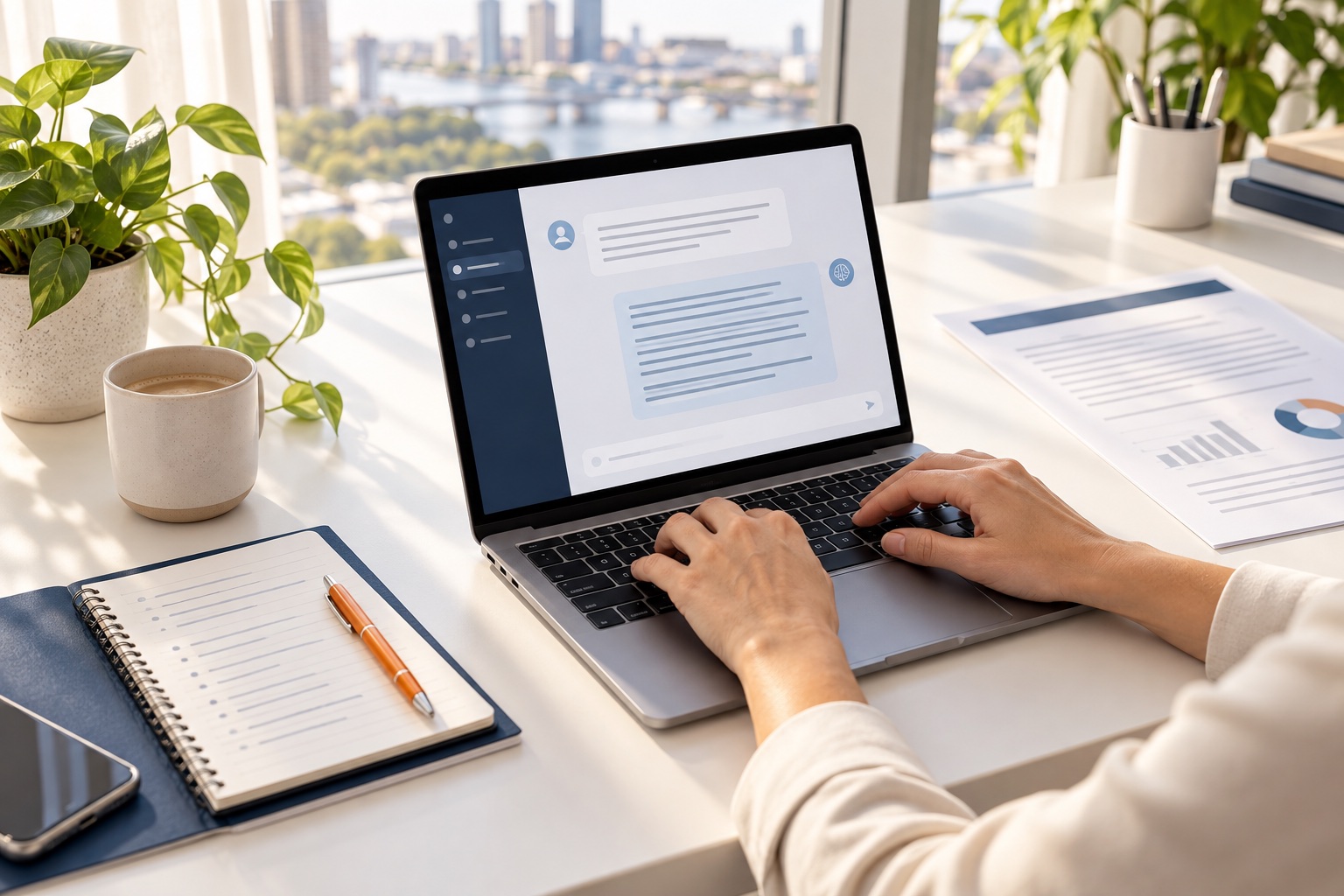 Person using an AI assistant on a laptop in a Brisbane office